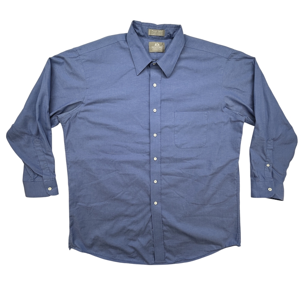 Stafford Executive Shirt Mens 17.5 34 Blue Pinpoint Oxford Wrinkle Free Classic